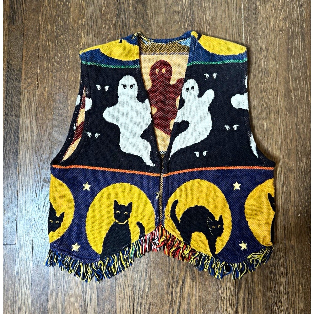 Victoria Jones Halloween Sweater Vest Ghosts Black Cats Fringe Tapestry Woven